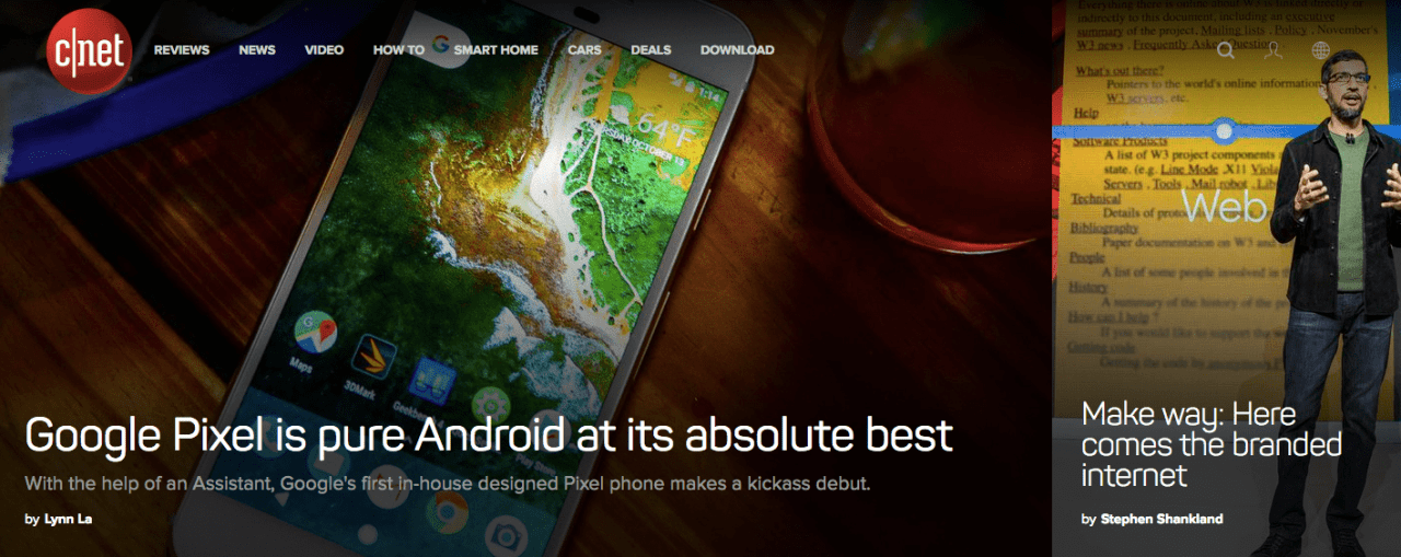 CNET home page screenshot featuring brand TLD article